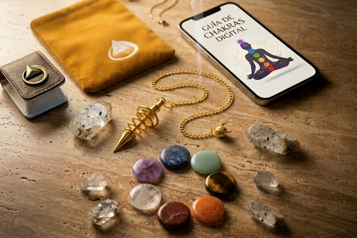 Promo: Pack Equilibrado de Chakras + Péndulo Espiral + Funda Protectora + 6 Puntas de Cuarzo de REGALO